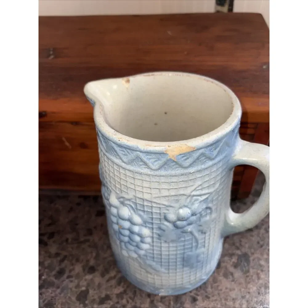 Antique Brush McCoy Salt Glazed Stoneware Pitcher w/ Blue Grape & Lattice